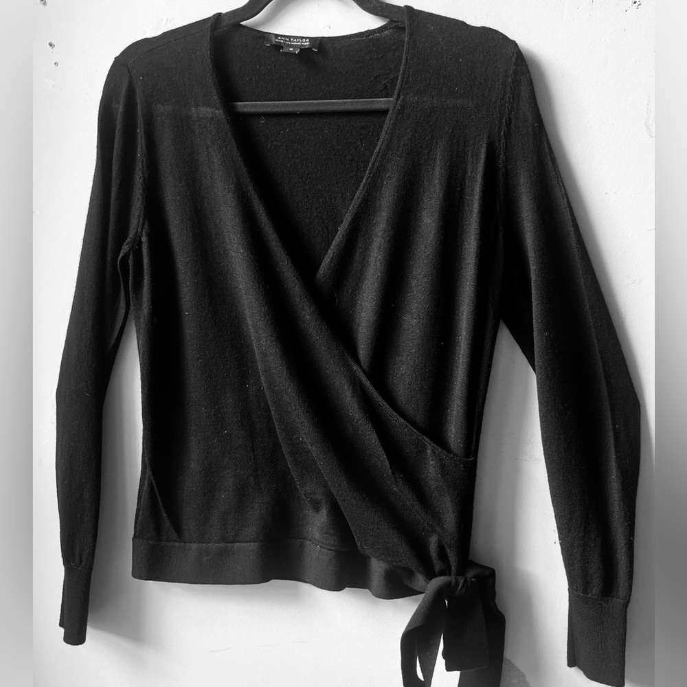 Ann Taylor size Med. Petite Black Wrap Sweater with Tie Detail